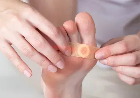 Hands wrapping a beige adhesive bandage around a finger