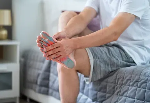 Person sitting on a bed, holding and massaging a painful foot with a red sole.