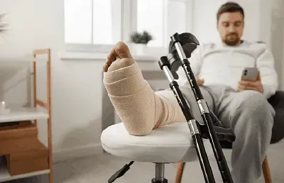 Bandaged foot resting on a chair with crutches nearby, man sitting in the background checking his phone