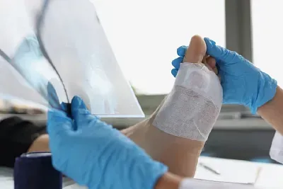 Gloved hands wrapping a bandage around a person’s injured foot indoors