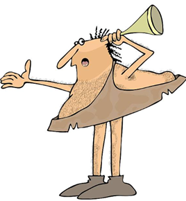 A cartoon of a man holding a horn and giving a thumbs up