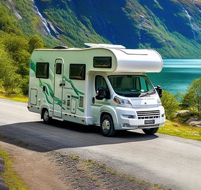 White RV driving along a mountain road beside a turquoise lake