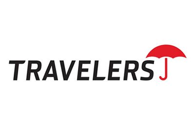Travelers logo with black text and a red umbrella over the final letter