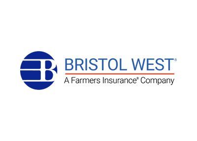 Bristol West logo with blue icon and text, “A Farmers Insurance Company” subtitle