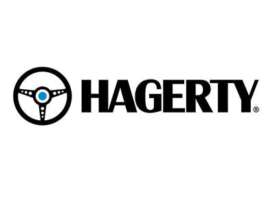 Hagerty logo with black steering wheel icon and bold black text on white background