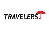 Travelers logo in black with a red umbrella over the letter J