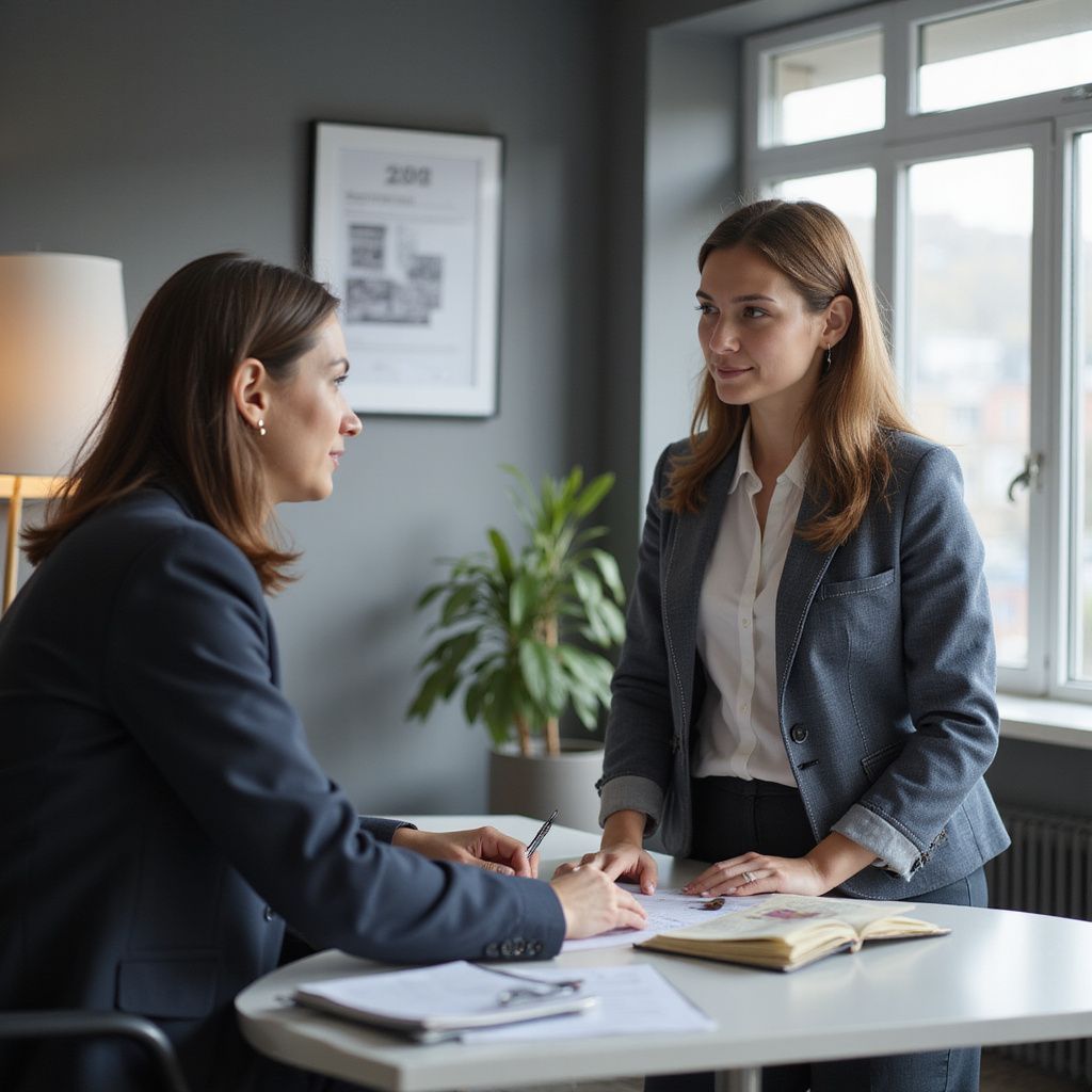 Two women in business attire at a table in an office, discussing documents.