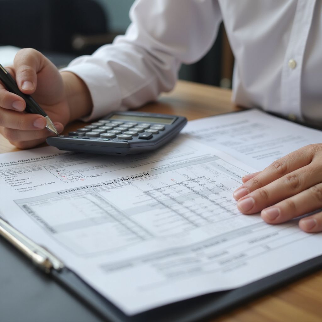 Person using a calculator, looking at documents on a desk.
