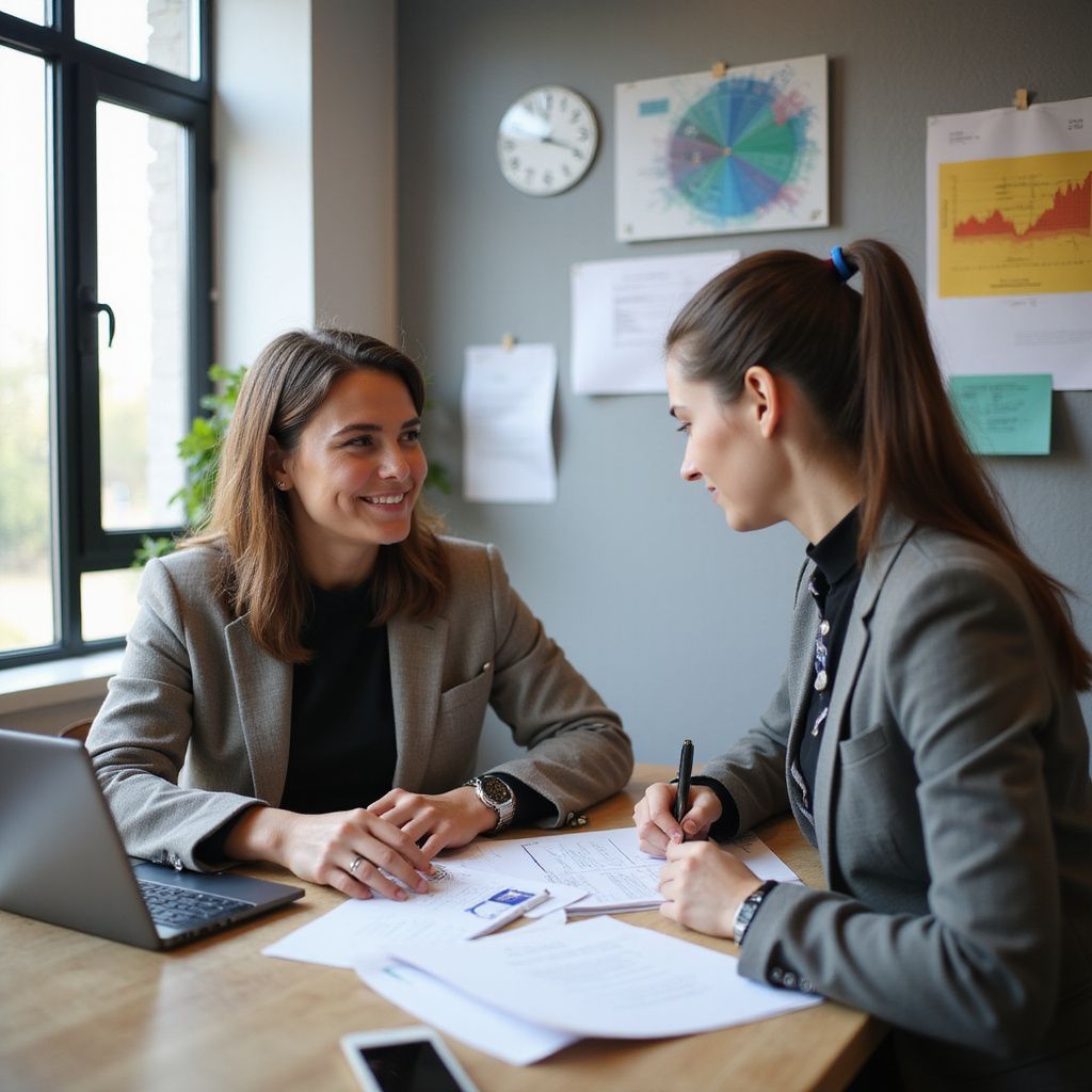 Two women in a light-filled office, one smiling, the other writing on paperwork at a desk with a laptop and charts.
