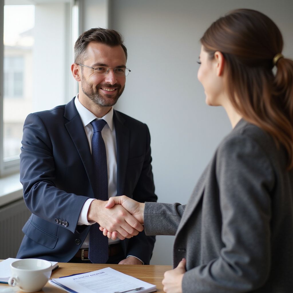 Man in a suit shakes hands with a woman in a suit, both smiling, at a desk indoors.