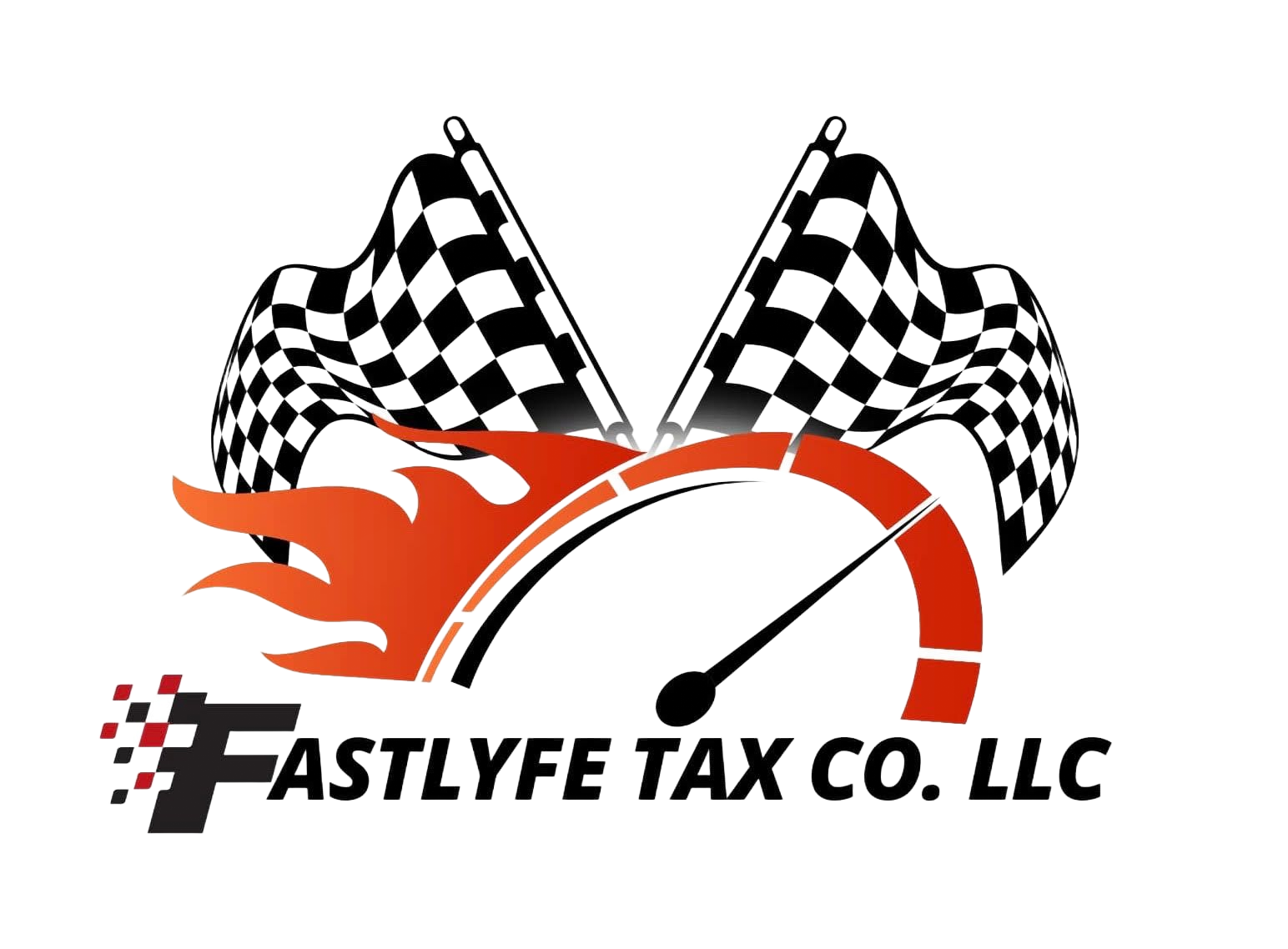 Logo for Fastlyfe Tax Co. with speedometer, flames, and checkered flags, black and white and orange, on a white background.