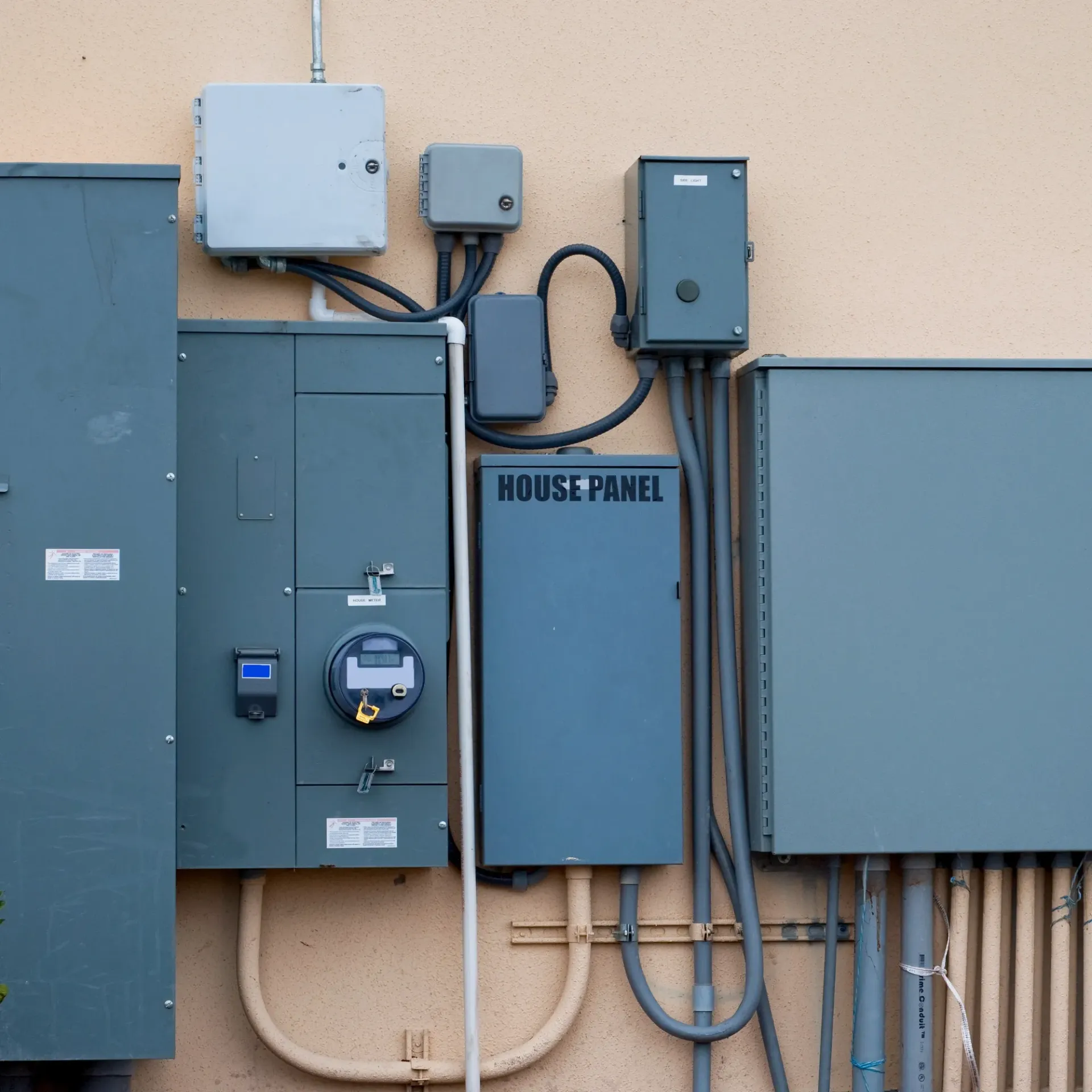 Sanchez Electric and Remodeling - A wall with electrical boxes and a house panel