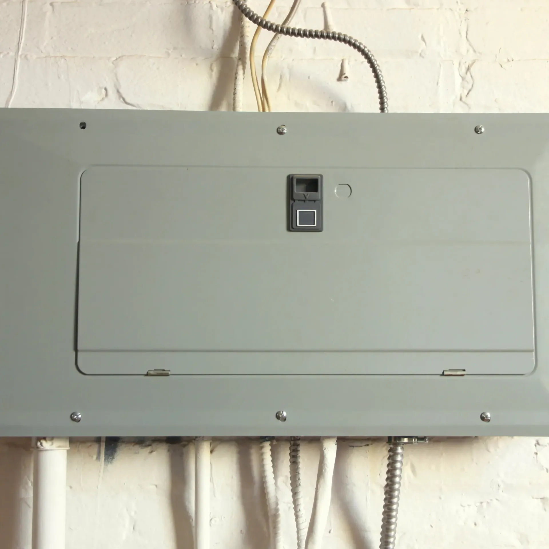 Sanchez Electric and Remodeling - A gray electrical box is hanging on a white brick wall.
