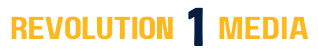 Revolution 1 Media logo in orange and gray text with a large dark blue “1” on white background