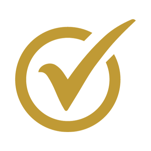 Gold check mark inside a circular outline icon on a white background