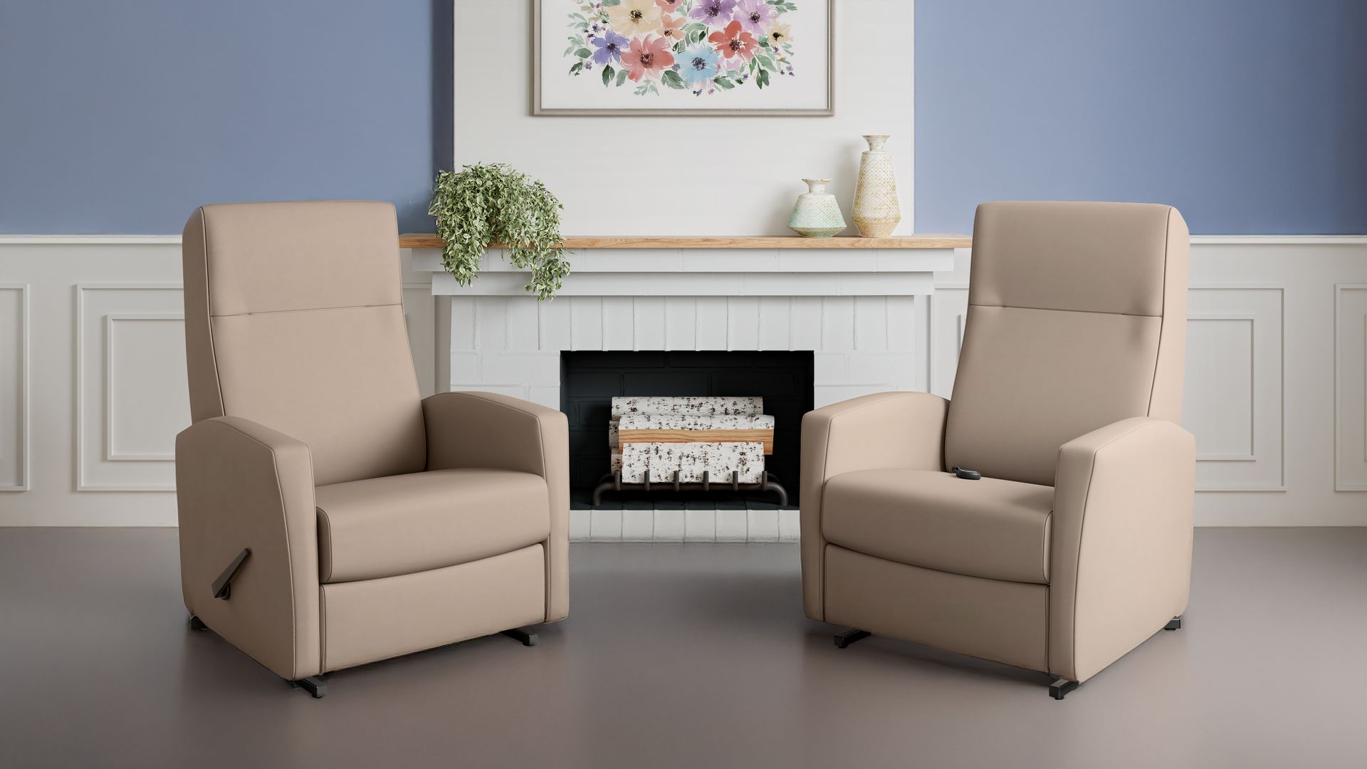 Two beige recliner chairs are sitting in front of a fireplace in a living room.
