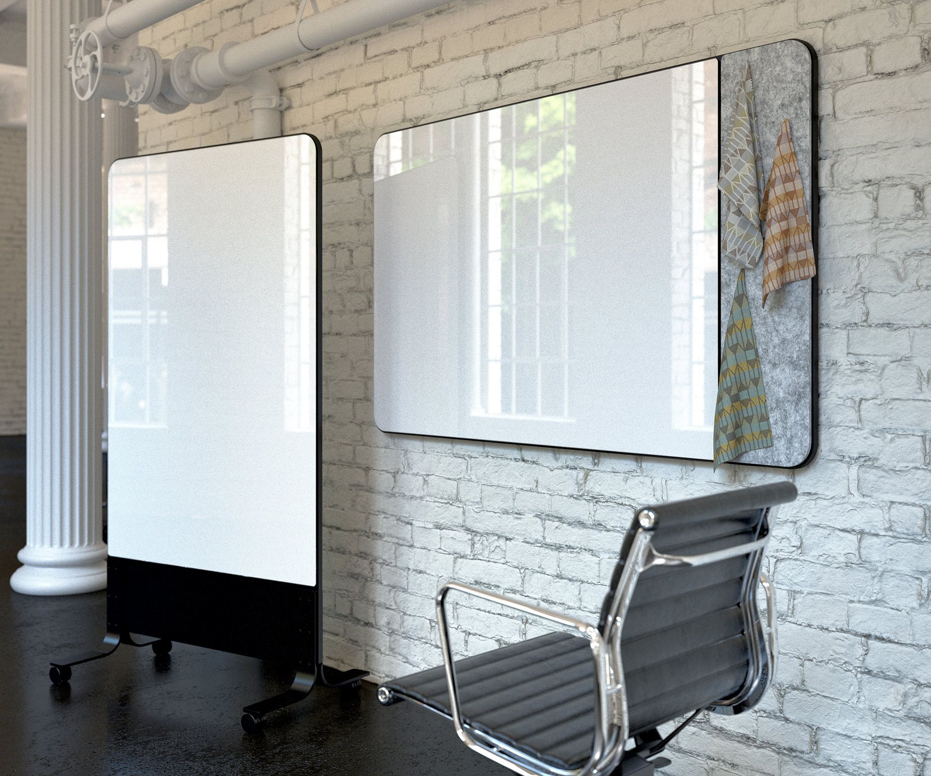 A chair is sitting in front of two whiteboards on a brick wall.