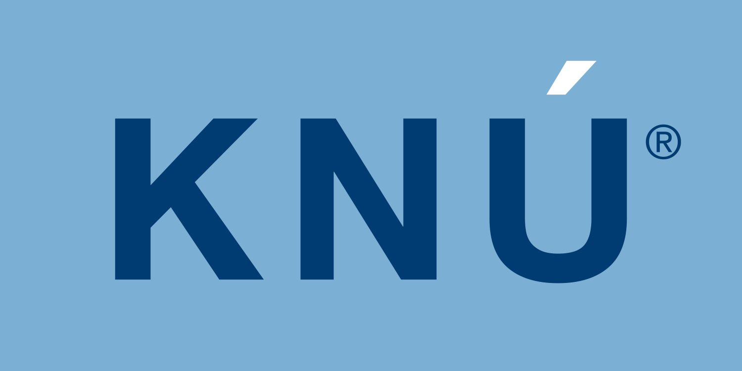 A blue and white knu logo on a blue background