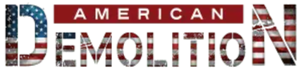 American Demolition logo in red, white, and blue with a stylized American flag