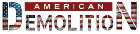 American Demolition logo in red, white, and blue with a stylized American flag