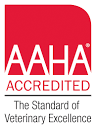 AAHA Accredited logo with red icon and gray text, “The Standard of Veterinary Excellence”