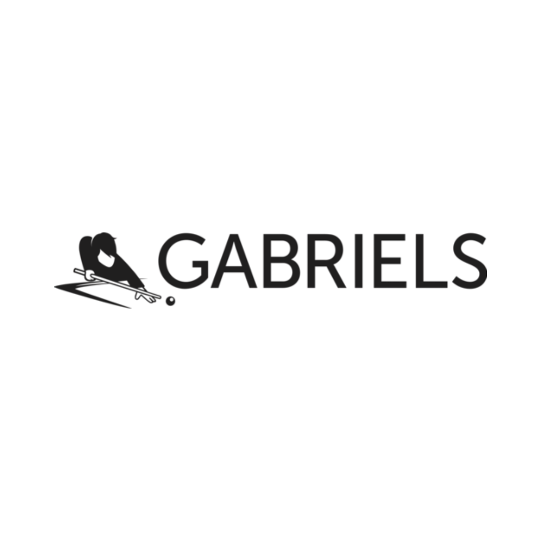 Het logo van Gabriels met een biljartspeler die mikt en het woord GABRIELS in tekstvorm.