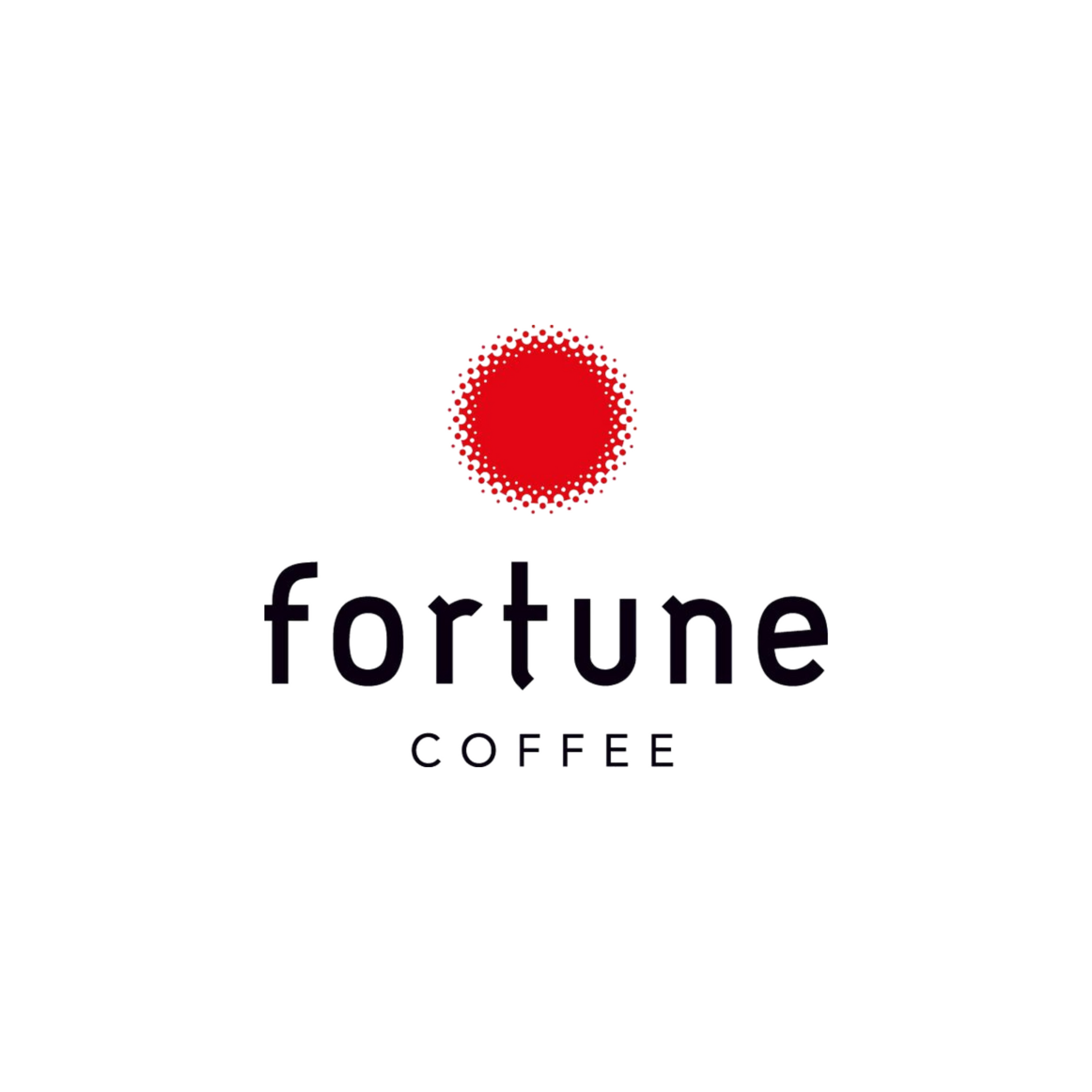 Logo voor Fortune Coffee: Rode stippellijncirkel boven donkere tekst