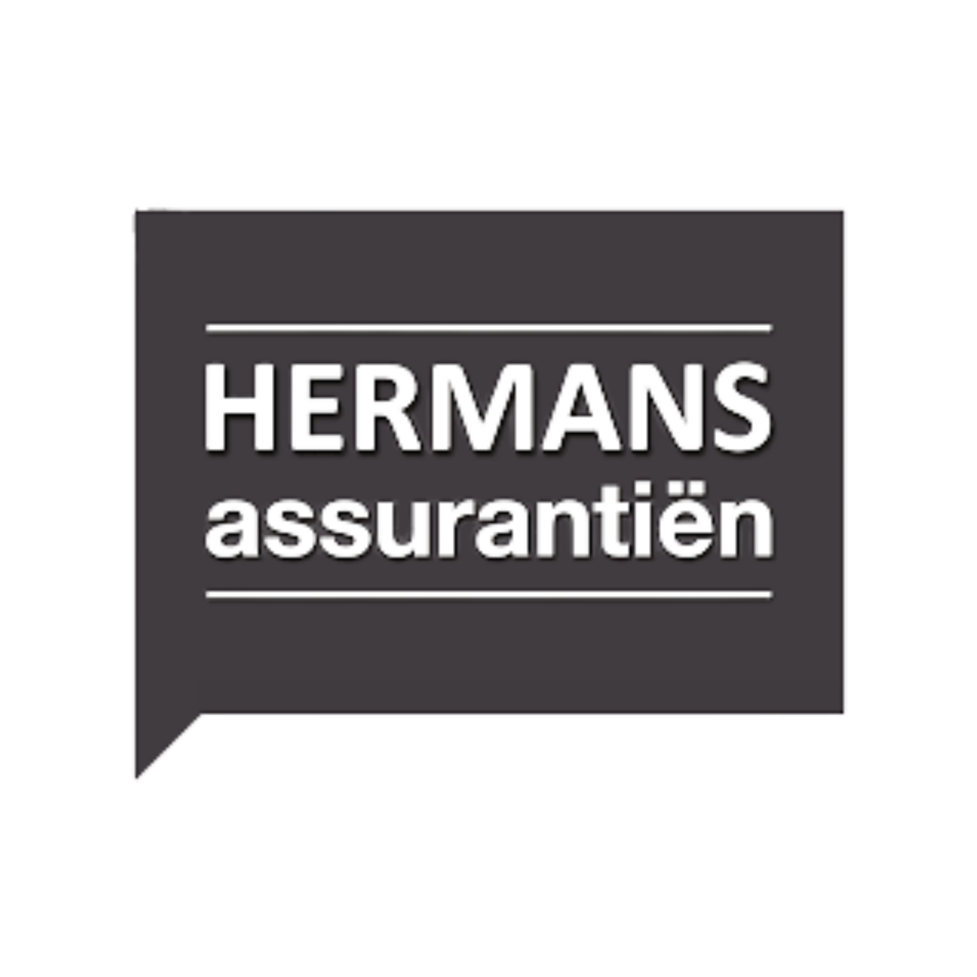 Logo van verzekeringsmaatschappij Hermans Assurantiën, tekst in wit op een donkergrijze tekstballon.