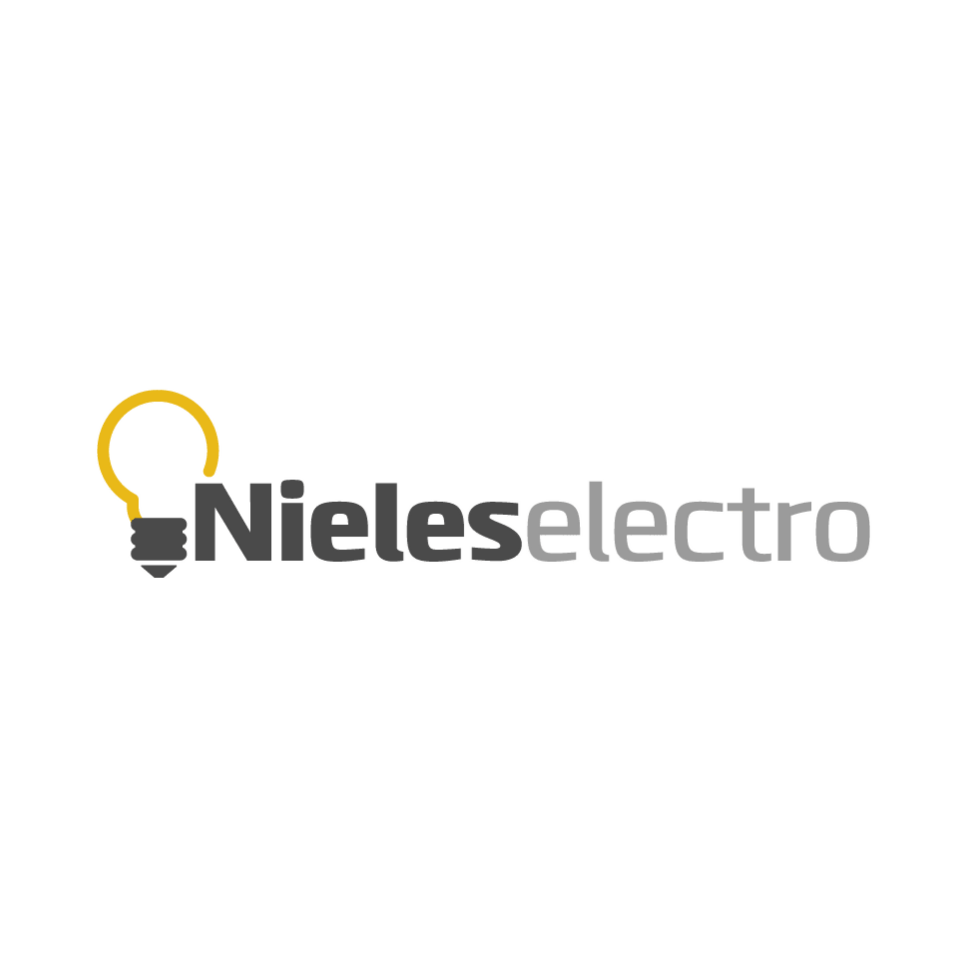Logo voor Nieles electro, met een geelgrijze gloeilamp naast de bedrijfsnaam.