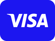 Het Visa-logo met witte, in hoofdletters geschreven tekst op een effen blauwe, afgeronde rechthoekige achtergrond.