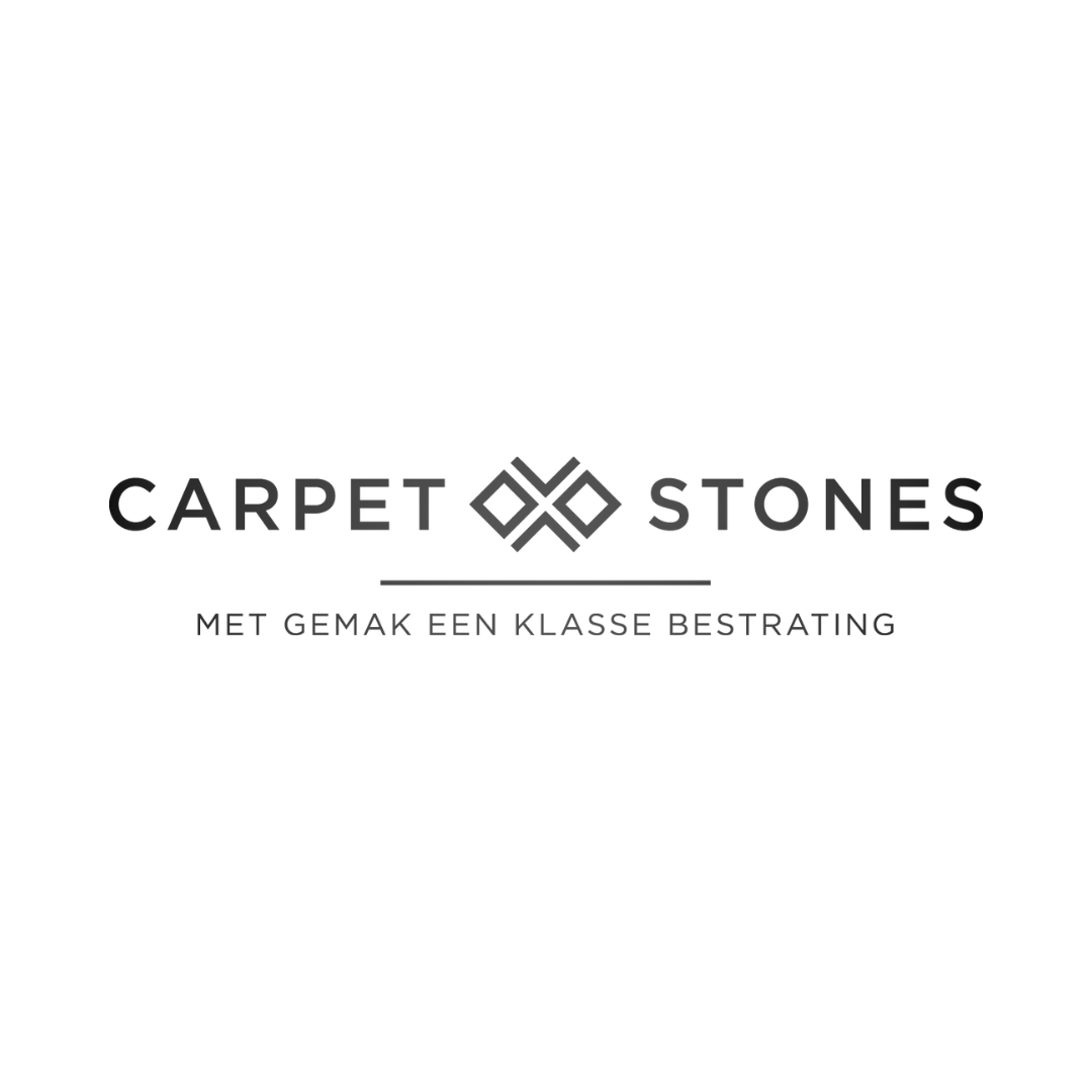 Logo voor Carpet Stones: Tekst met abstracte diamantvormige afbeelding, slogan