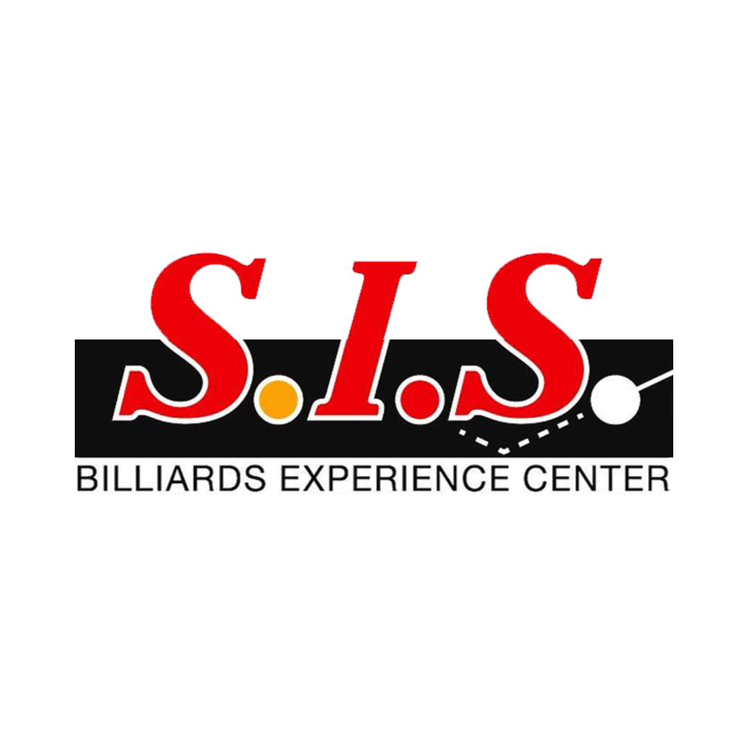 Logo voor SIS Billiards Experience Center; rode letters op een zwart blok, een speelbal en een diagram.