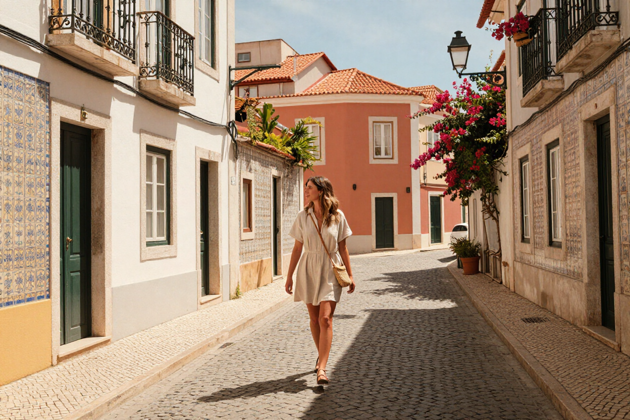Solo woman walking cobblestone streets in Lisbon
