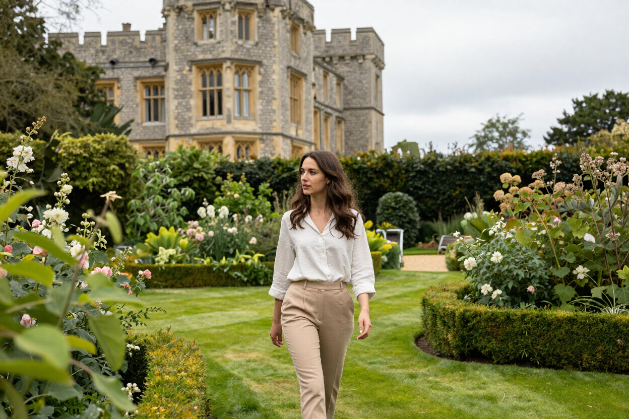 Woman exploring English countryside village