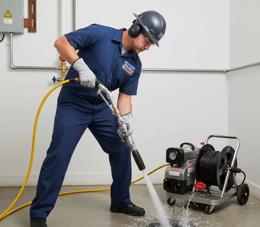 Person in blue work suit using a pressure washer, cleaning a concrete floor.