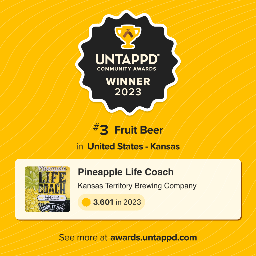 Untapped Community Award 2023 for #3 Fruit Beer in Kansas goes to Life Coach Lager with Pineapple
