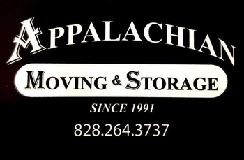 Appalachian Moving & Storage logo on black with white text, “Since 1991,” and phone number 828.264.3737