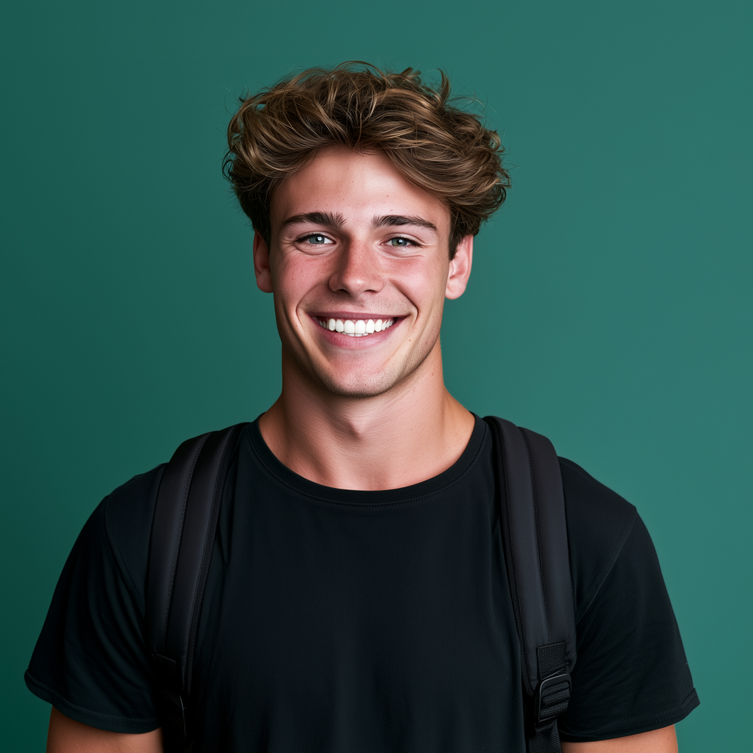 Smiling man in black T-shirt with backpack against a teal background