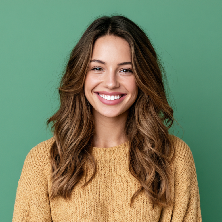 Smiling woman with wavy brown hair wearing a mustard sweater against a green background