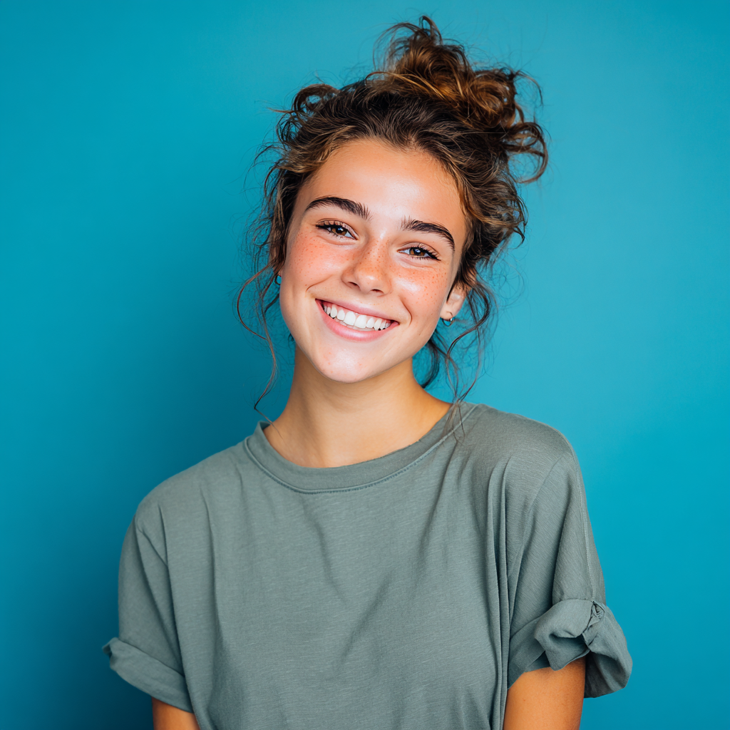 Woman with freckles smiling, hair in a bun, wearing a green shirt against a blue background.