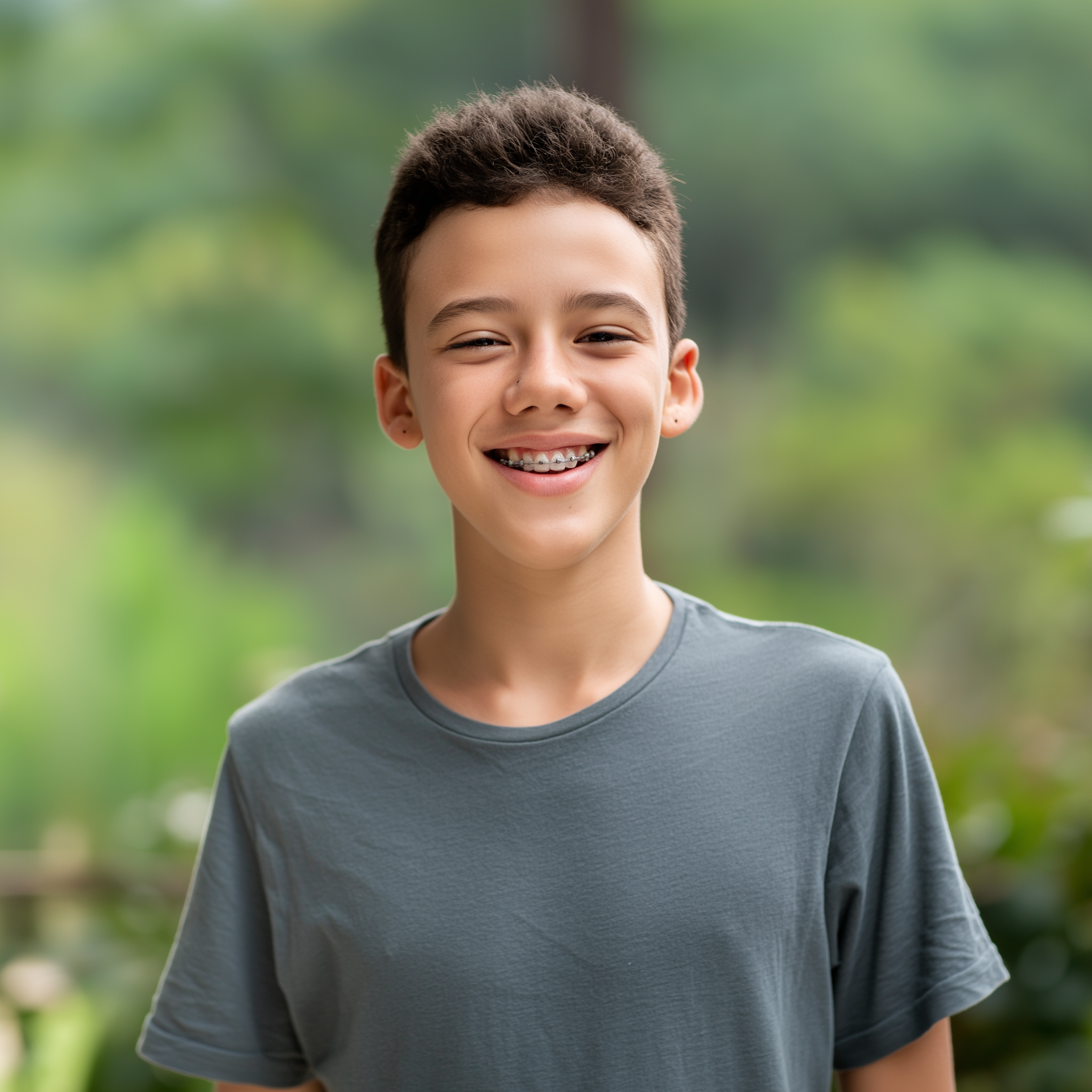 Smiling teen in a gray T-shirt standing outdoors with a blurred green background