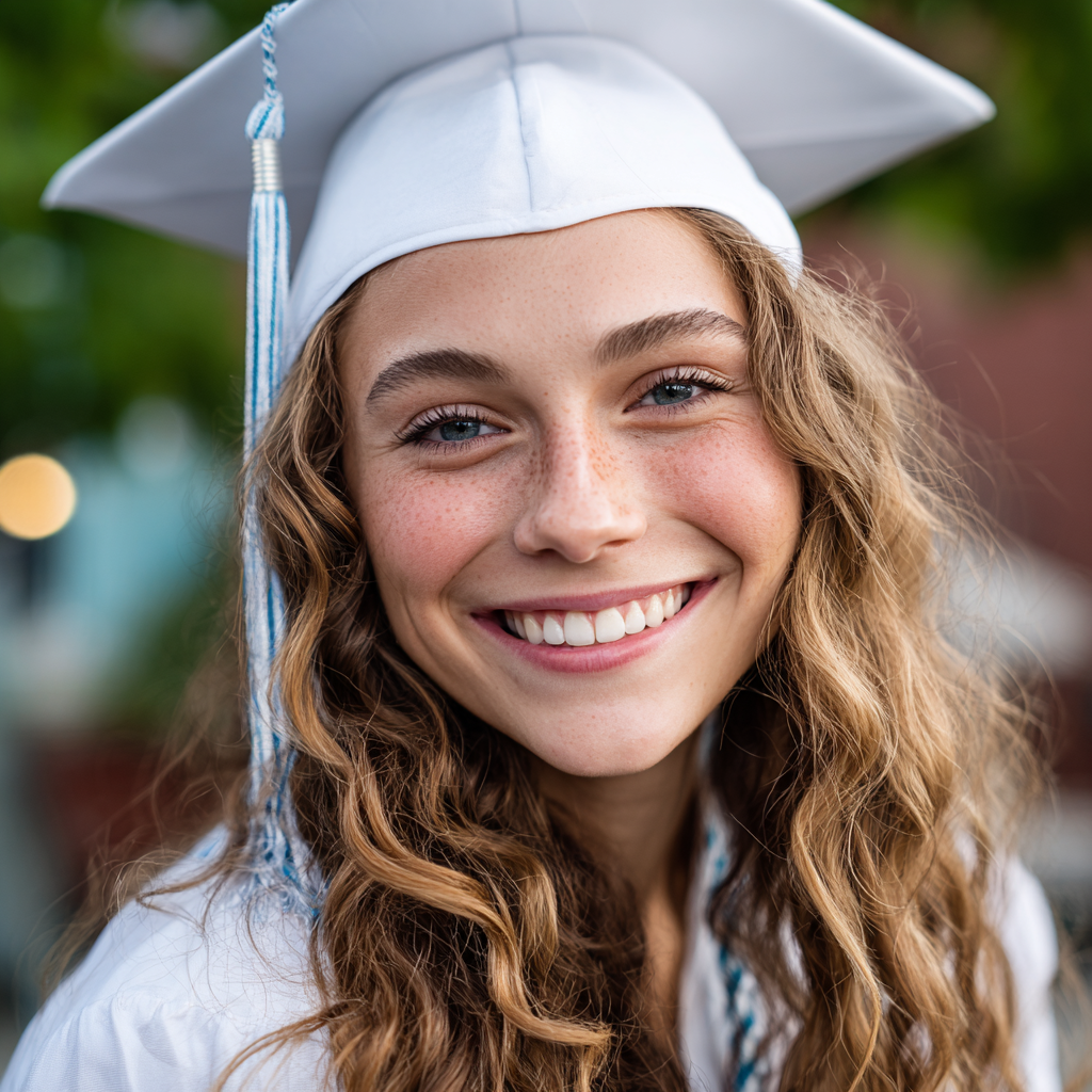 Person in graduation cap and gown, smiling at the camera, with curly hair and freckles.