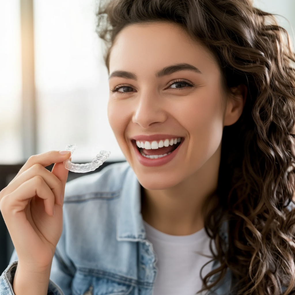 Smiling woman with curly hair holding a clear dental aligner in a bright room