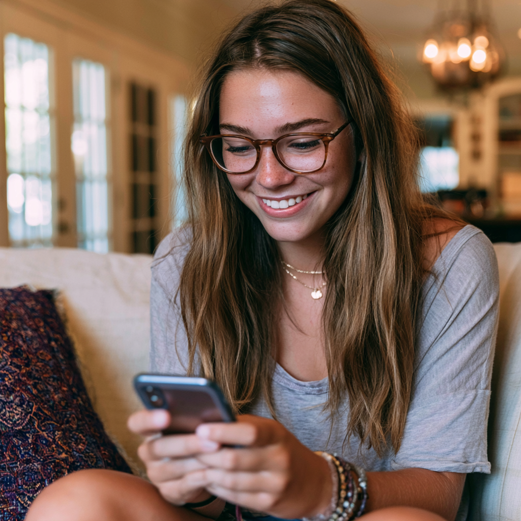 Smiling woman with glasses using a smartphone on a couch in a cozy living room