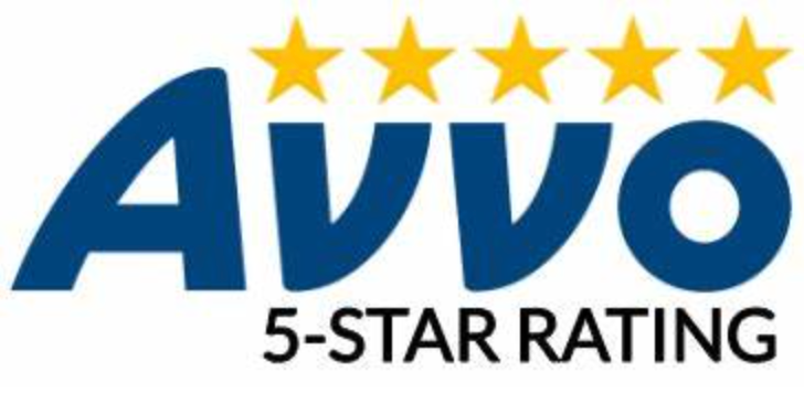 A blue and yellow logo for avvo 5 star rating