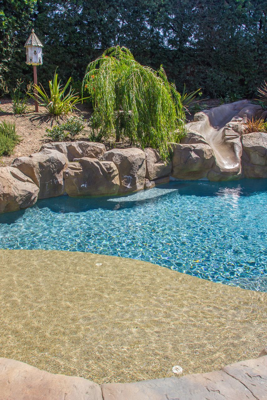 Pool with a rock border, slide, and weeping willow tree.