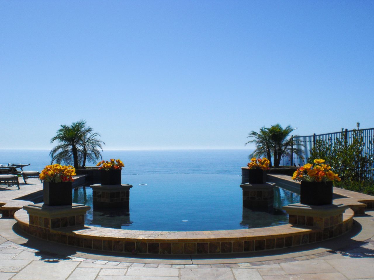Infinity pool overlooking the ocean, with palm trees and flower planters.