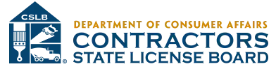 Logo for Contractors State License Board. Features a house-shaped graphic with construction tools.