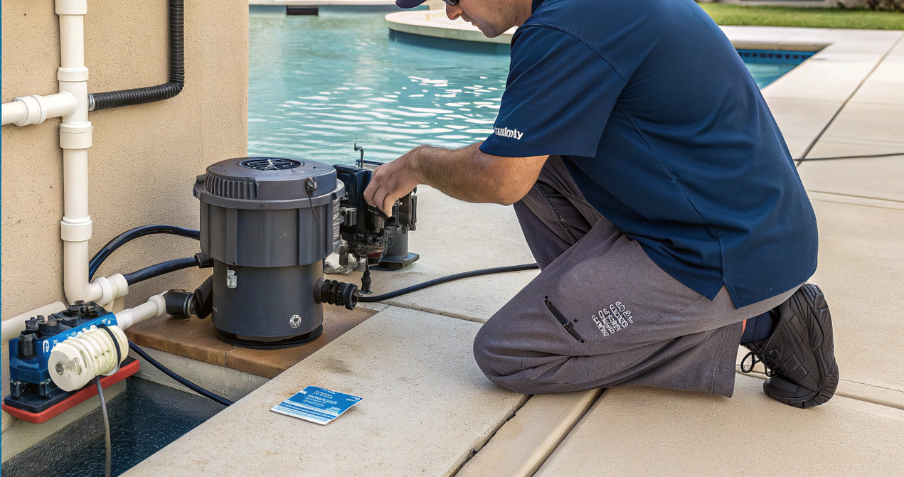 Pool technician kneels by pool equipment, inspecting it. Blue shirt, gray pants, sunny outdoor setting.