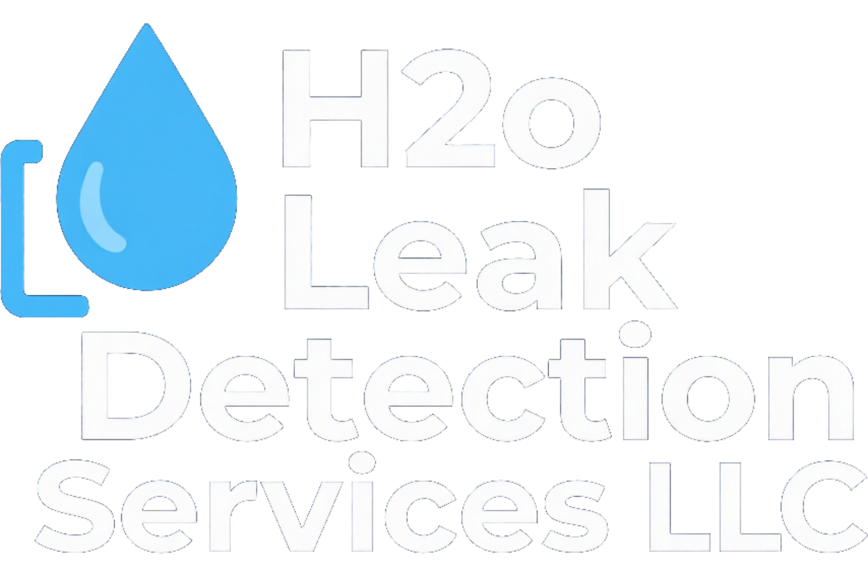 Logo for H2o Leak Detection Services LLC with a baby blue water drop and pipe icon, clean modern branding.